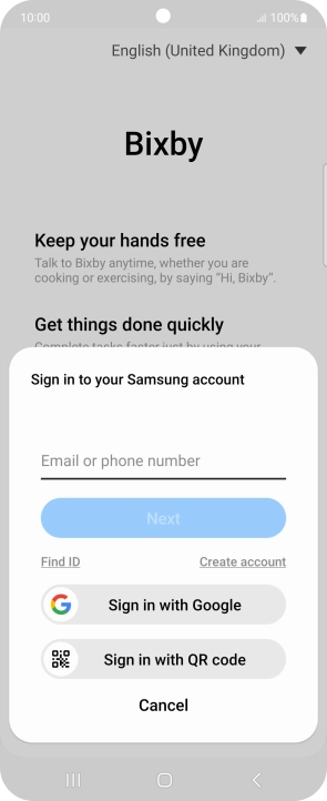 If you don't have a Samsung account, press Create account and follow the instructions on the screen to create an account. If you don't have a Samsung account, press Create account and follow the instructions on the screen to create an account.