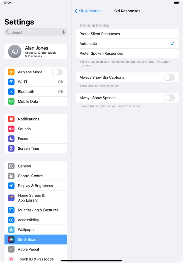 Press the required setting.