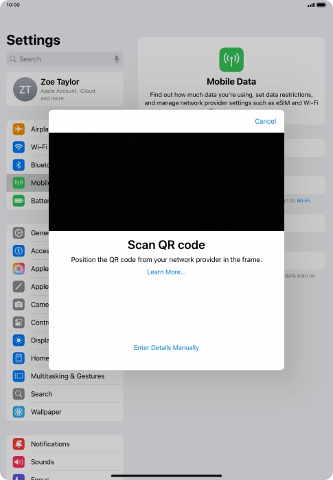 Place the QR code you've received inside the tablet camera frame to scan the code. Your eSIM is transferred to your new tablet over the internet.
