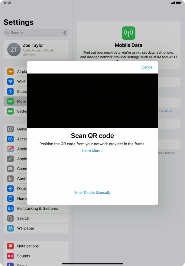 Place the QR code you've received inside the tablet camera frame to scan the code. Your eSIM is transferred to your new tablet over the internet.