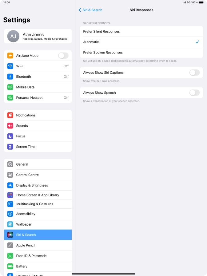 Press the required setting.
