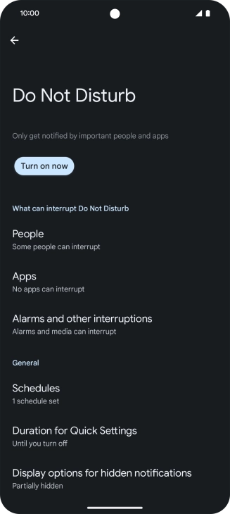 Press Turn on now to turn the function on or off.