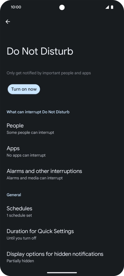 Press Turn on now to turn the function on or off.