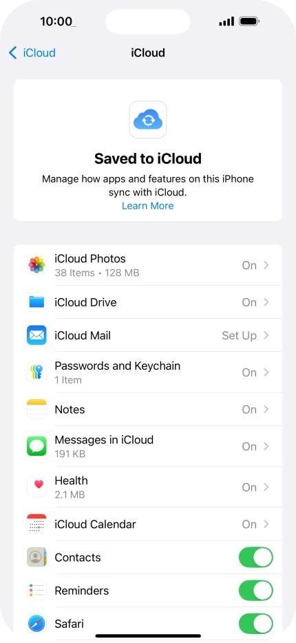 Press the indicators next to the required data types to turn synchronisation of each data type on or off.