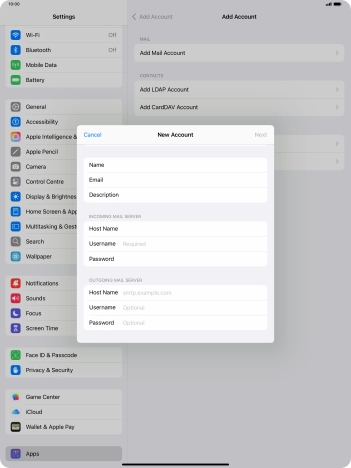 Press Username and key in the username for your email account.