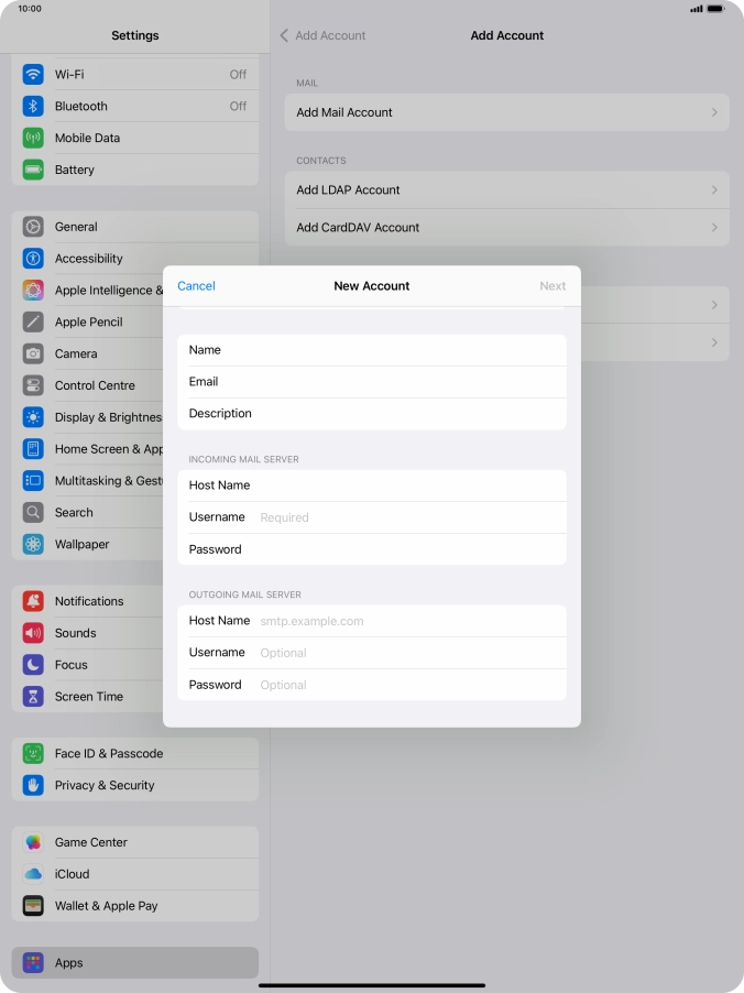 Press Username and key in the username for your email account.