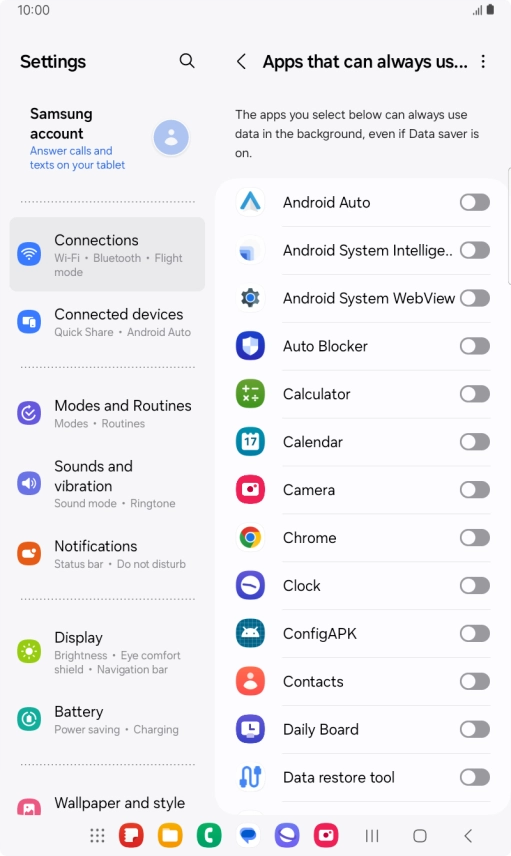 Press the indicators next to the required apps to turn the function on or off.