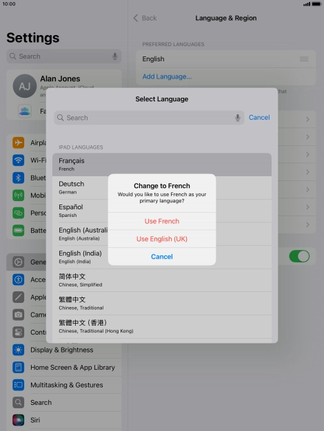 To select the new language as the default tablet language, press Use ‹language›.