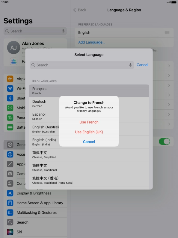 To select the new language as the default tablet language, press Use ‹language›.