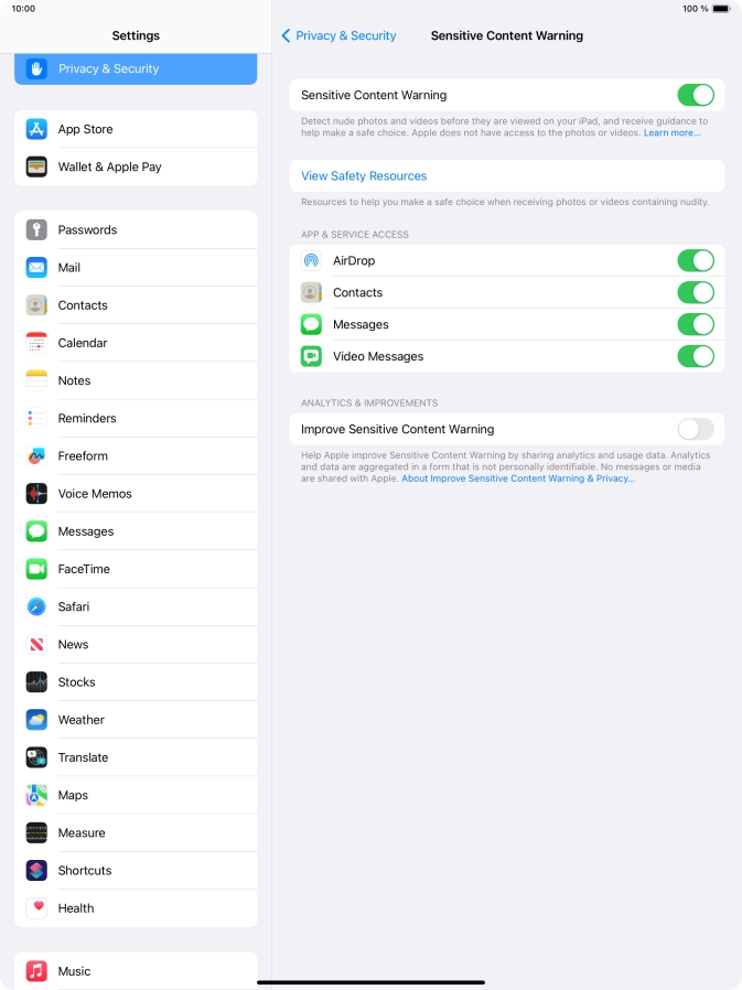 Press the indicators next to the required applications to turn the function on or off.