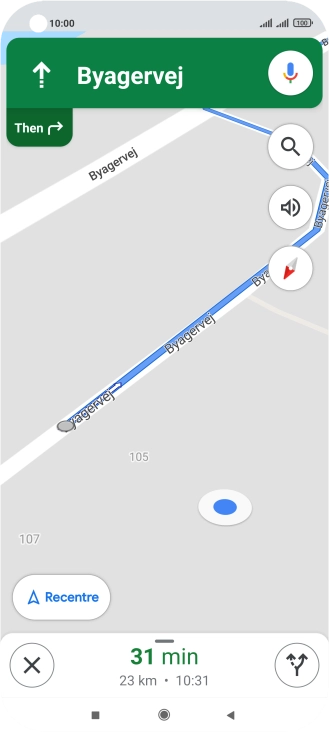 The travel information at the bottom of the screen shows your estimated time of arrival and distance to destination.