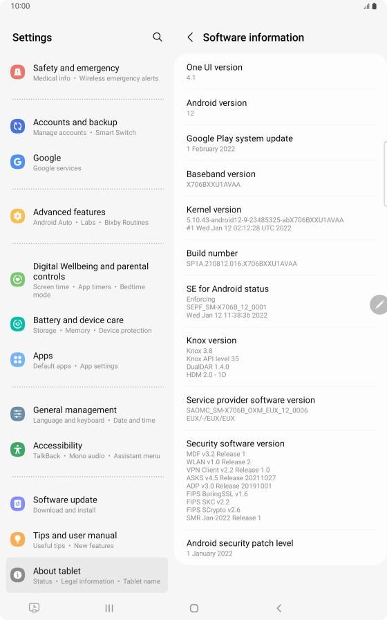 Your tablet's software version is displayed below Android version.