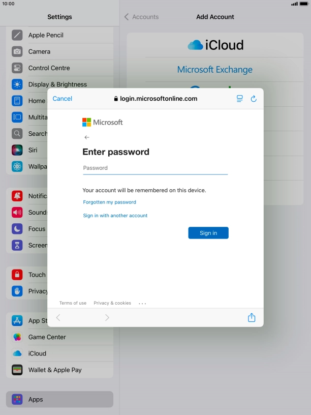 Press Password and key in the password for your email account.