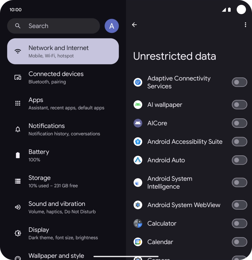 Press the indicators next to the required apps to turn the function on or off.