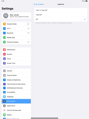 Press the required setting to turn the function on or off. If you turn on the function, you need to follow the instructions on the screen to set up Siri to recognise your voice.