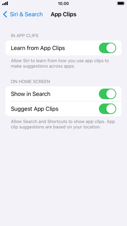 Press the indicators next to the required settings to turn them on or off.