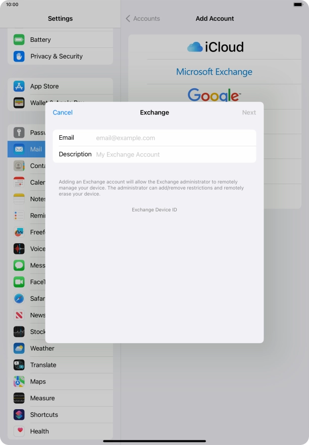 Press Email and key in your email address.