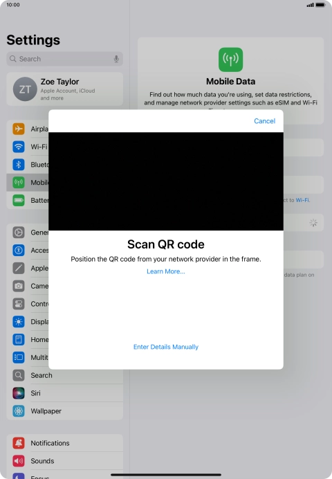 Place the QR code you've received inside the tablet camera frame to scan the code. Your eSIM is transferred to your new tablet over the internet.