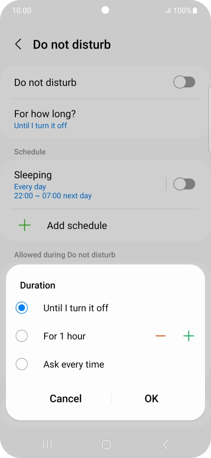 Press the required setting.