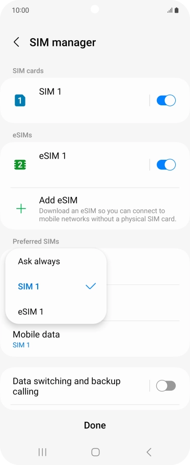Press the required setting.