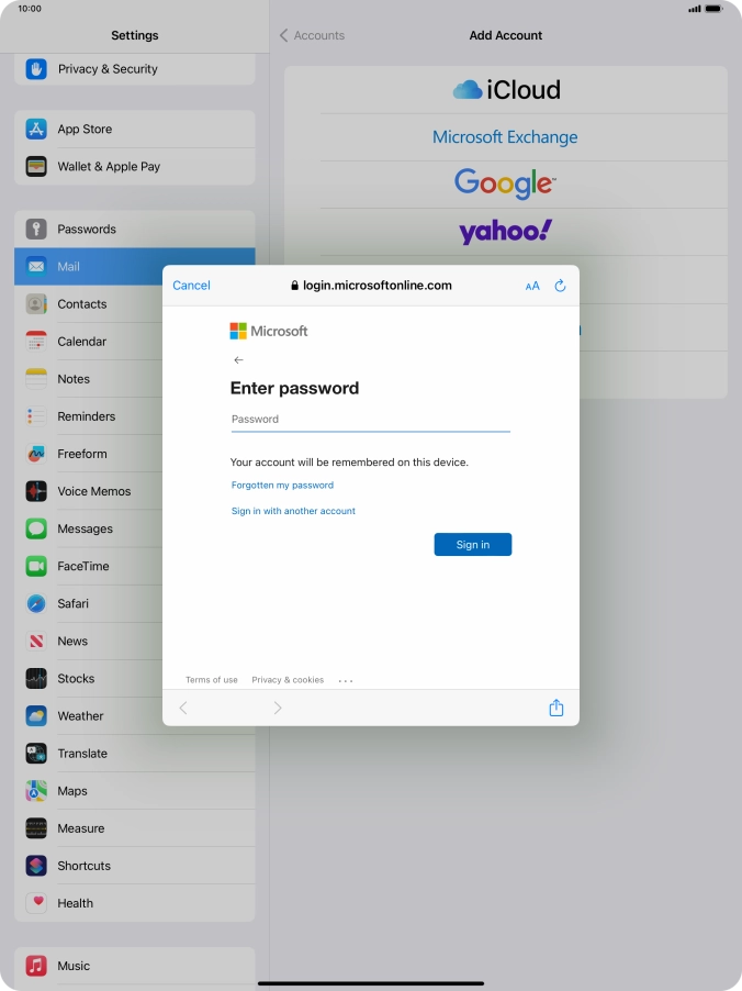 Press Password and key in the password for your email account.