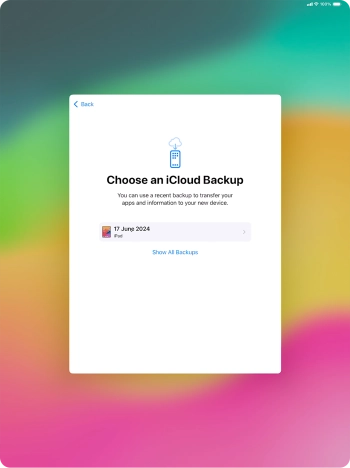 Press the required backup and your tablet restores the content of the selected backup. Subsequently, follow the instructions on the screen to set up your tablet and prepare it for use. Press the required backup and your tablet restores the content of the selected backup. Subsequently, follow the instructions on the screen to set up your tablet and prepare it for use.