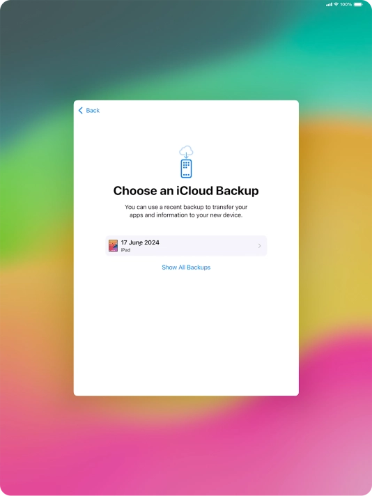 Press the required backup and your tablet restores the content of the selected backup. Subsequently, follow the instructions on the screen to set up your tablet and prepare it for use. Press the required backup and your tablet restores the content of the selected backup. Subsequently, follow the instructions on the screen to set up your tablet and prepare it for use.