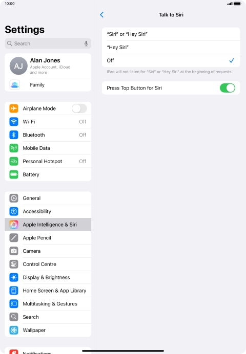 Press the required setting to turn the function on or off. If you turn on the function, you need to follow the instructions on the screen to set up Siri to recognise your voice.