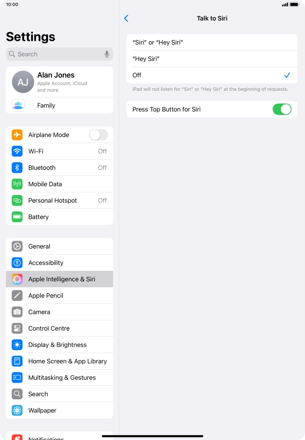 Press the required setting to turn the function on or off. If you turn on the function, you need to follow the instructions on the screen to set up Siri to recognise your voice.