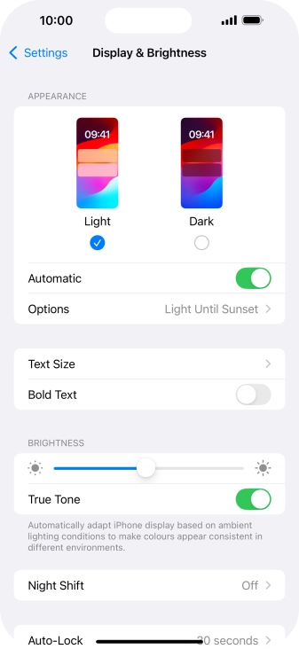 If you turn on the function, press Options and follow the instructions on the screen to select the required period of time for Dark Mode.
