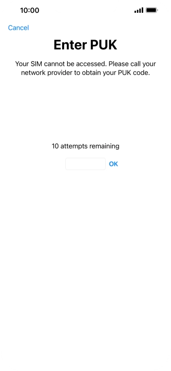 Key in the PUK and press OK.