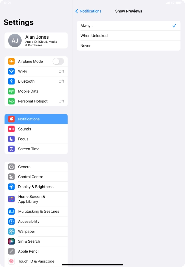 To select notification preview on the lock screen, press Always.