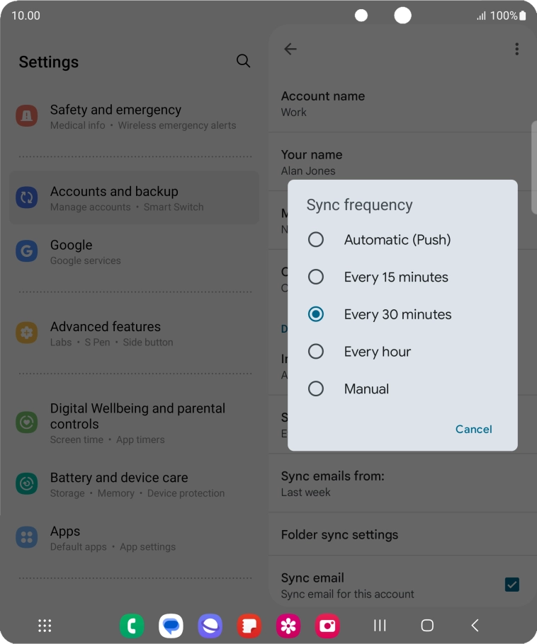 Press the required setting.