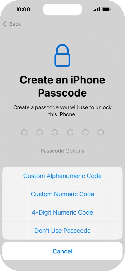 Follow the instructions on the screen to turn on use of phone lock code or press Don't Use Passcode.