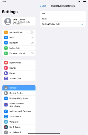 To turn off background refresh of apps, press Off. To turn off background refresh of apps, press Off.