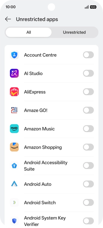 Press the indicators next to the required apps to turn the function on or off.