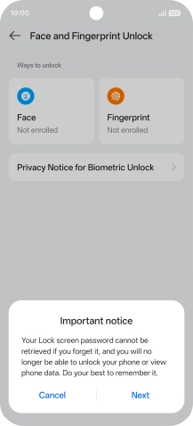 Press Next and follow the instructions on the screen to create an additional phone lock code.