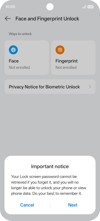 Press Next and follow the instructions on the screen to create an additional phone lock code.