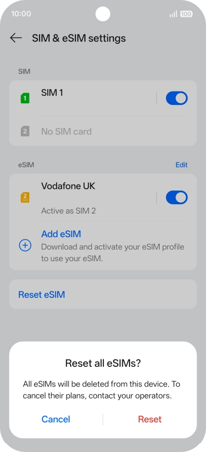 Press Reset and follow the instructions on the screen to delete your eSIM.