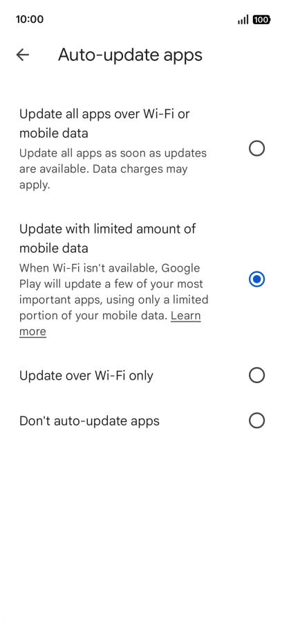To turn on automatic update of apps using mobile network, press Update all apps over Wi-Fi or mobile data. To turn on automatic update of apps using mobile network, press Update all apps over Wi-Fi or mobile data.
