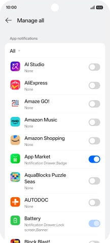 Press the indicators next to the required apps to turn the function on or off.
