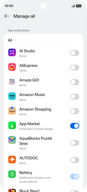 Press the indicators next to the required apps to turn the function on or off.