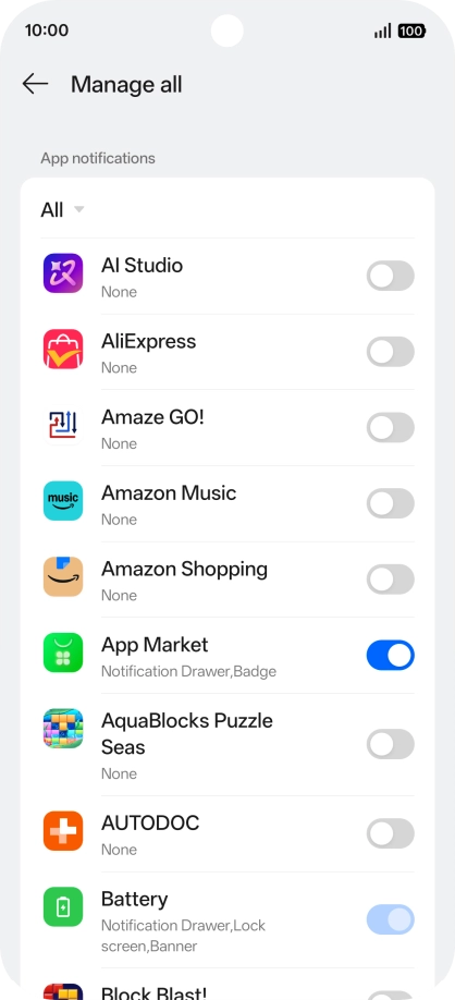 Press the indicators next to the required apps to turn the function on or off.