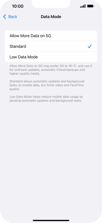 Press the required setting.