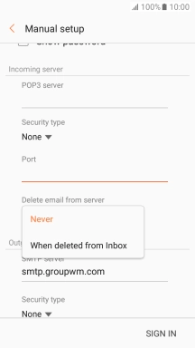 Press Never to keep email messages on the server when you delete them on your phone.