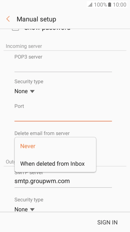 Press Never to keep email messages on the server when you delete them on your phone.