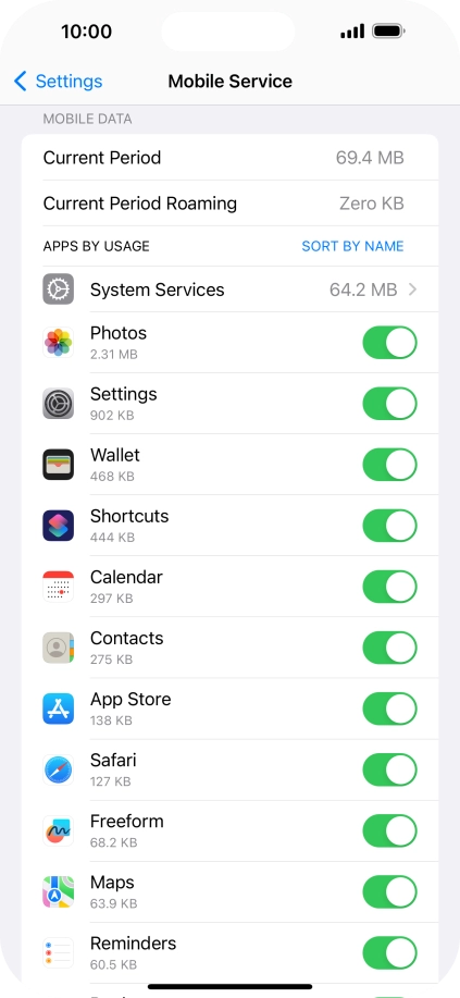 The data usage for each application is displayed below the name of the application.