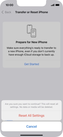 Press Reset All Settings. Wait a moment while the factory default settings are restored. Follow the instructions on the screen to set up your phone and prepare it for use.