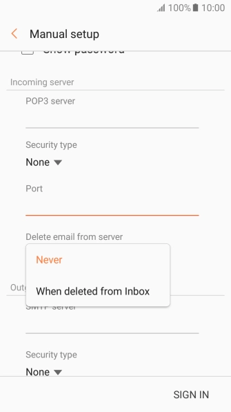 Press Never to keep email messages on the server when you delete them on your phone.