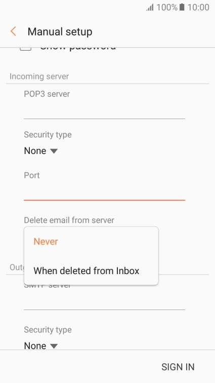 Press Never to keep email messages on the server when you delete them on your phone.